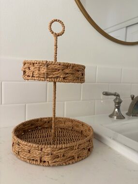 Two-Tier Woven Rattan Stand - Natural Tan